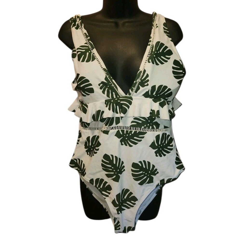 Cupshe “In The Forest” White & Green One Piece Bathing Suit Women’s XL